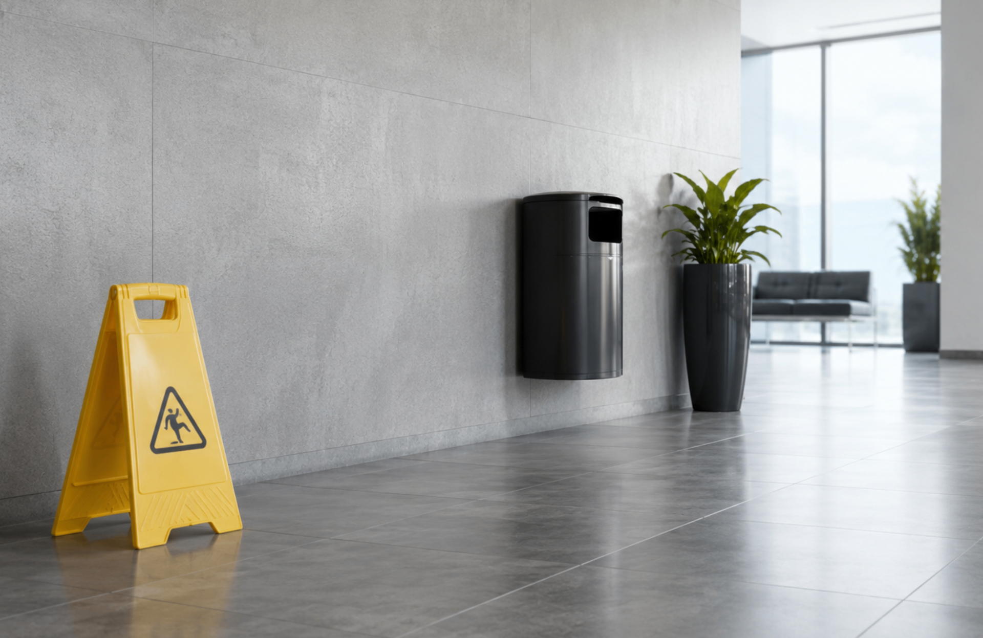 Sauberes Foyer mit Warnschild nach der Reinigung