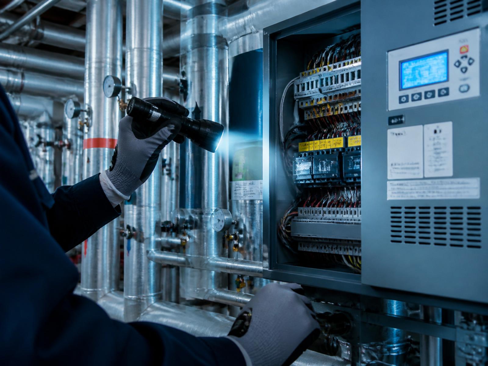 Techniker prüft Schaltschrank der Haustechnik