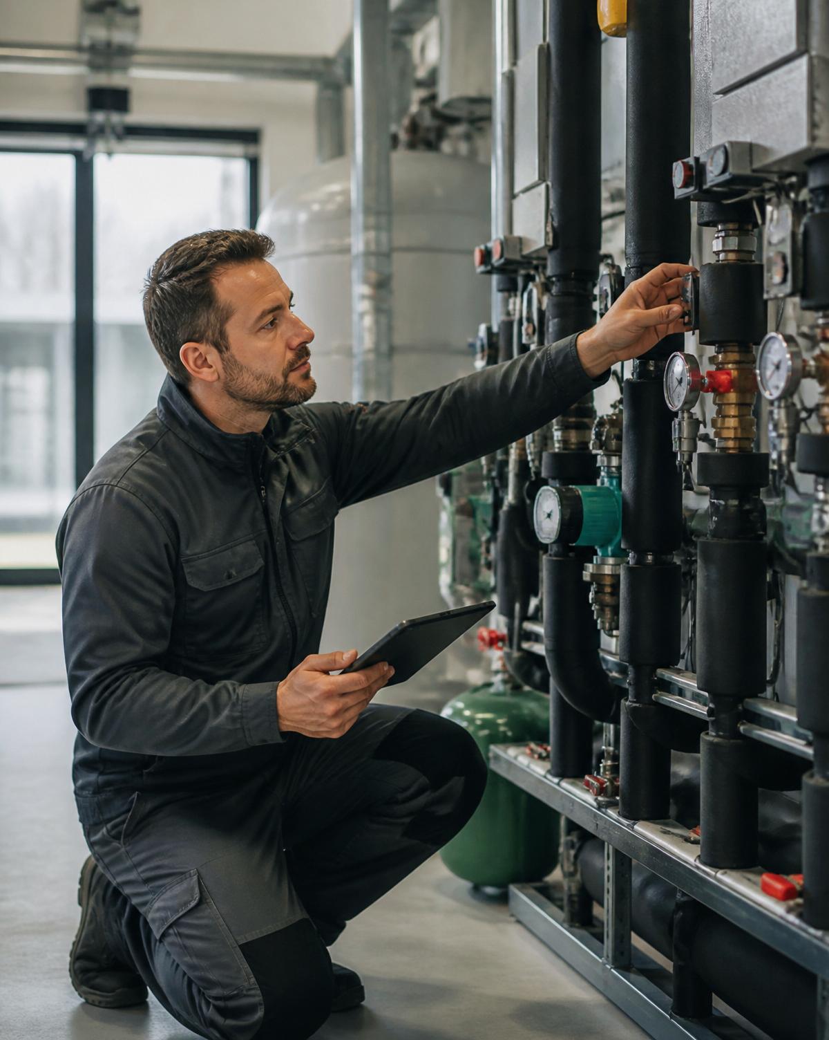 Techniker prüft Gebäudetechnik in einem modernen Technikraum